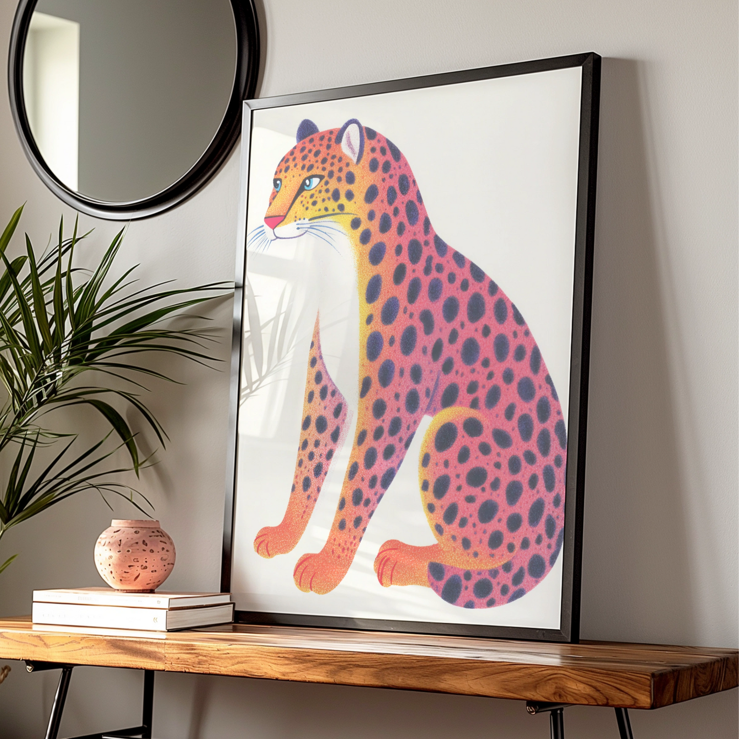 Colourful Leopard Nursery Wall Art, Kids Animal Print, Pink Orange Cheetah Poster