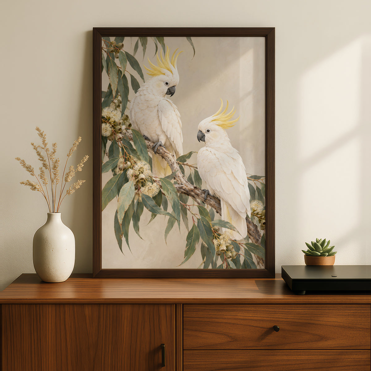 Sulphur-Crested Cockatoo Print, Australian Bird Wall Art, Eucalyptus Botanical Poster