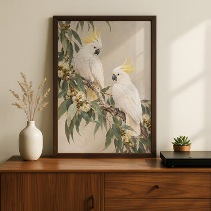 Sulphur-Crested Cockatoo Print, Australian Bird Wall Art, Eucalyptus Botanical Poster