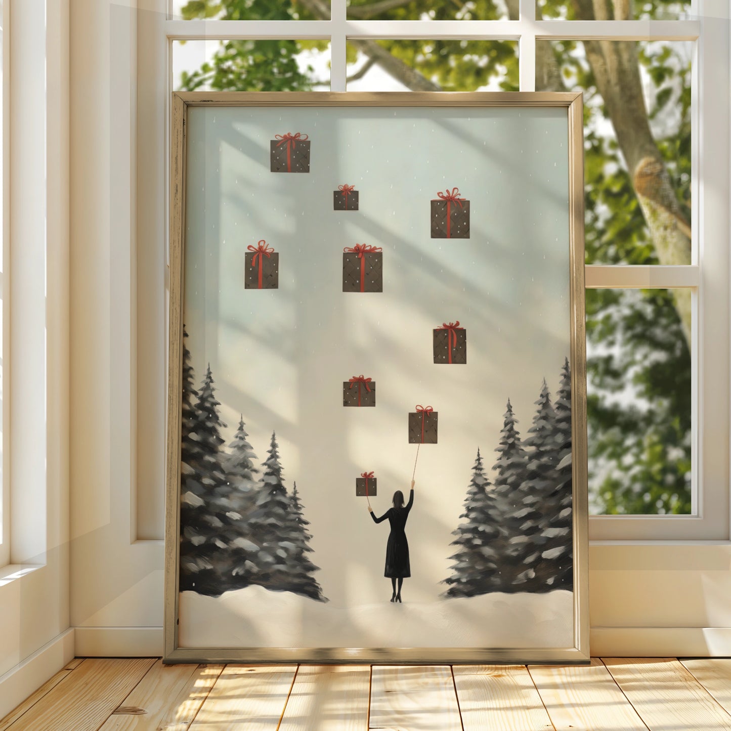 Christmas Poster, Floating Gifts Winter Wall Art, Festive Snowy Scene, Minimalist Xmas Print