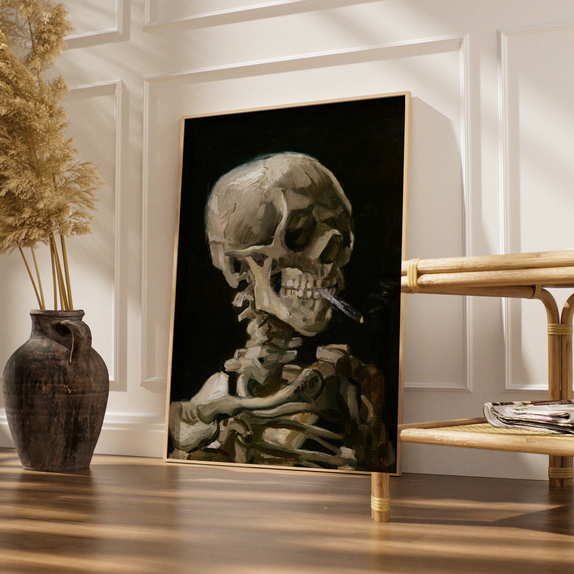 Van Gogh Skull Smoking Cigarette Halloween Art Print, Gothic Skeleton Poster