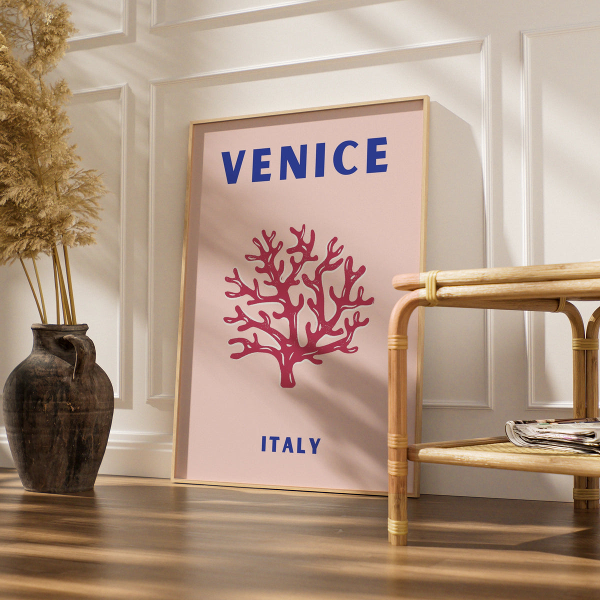 Venice Italy Travel Poster, Retro Coral Wall Art, Italian City Print, Pink Blue Home Decor