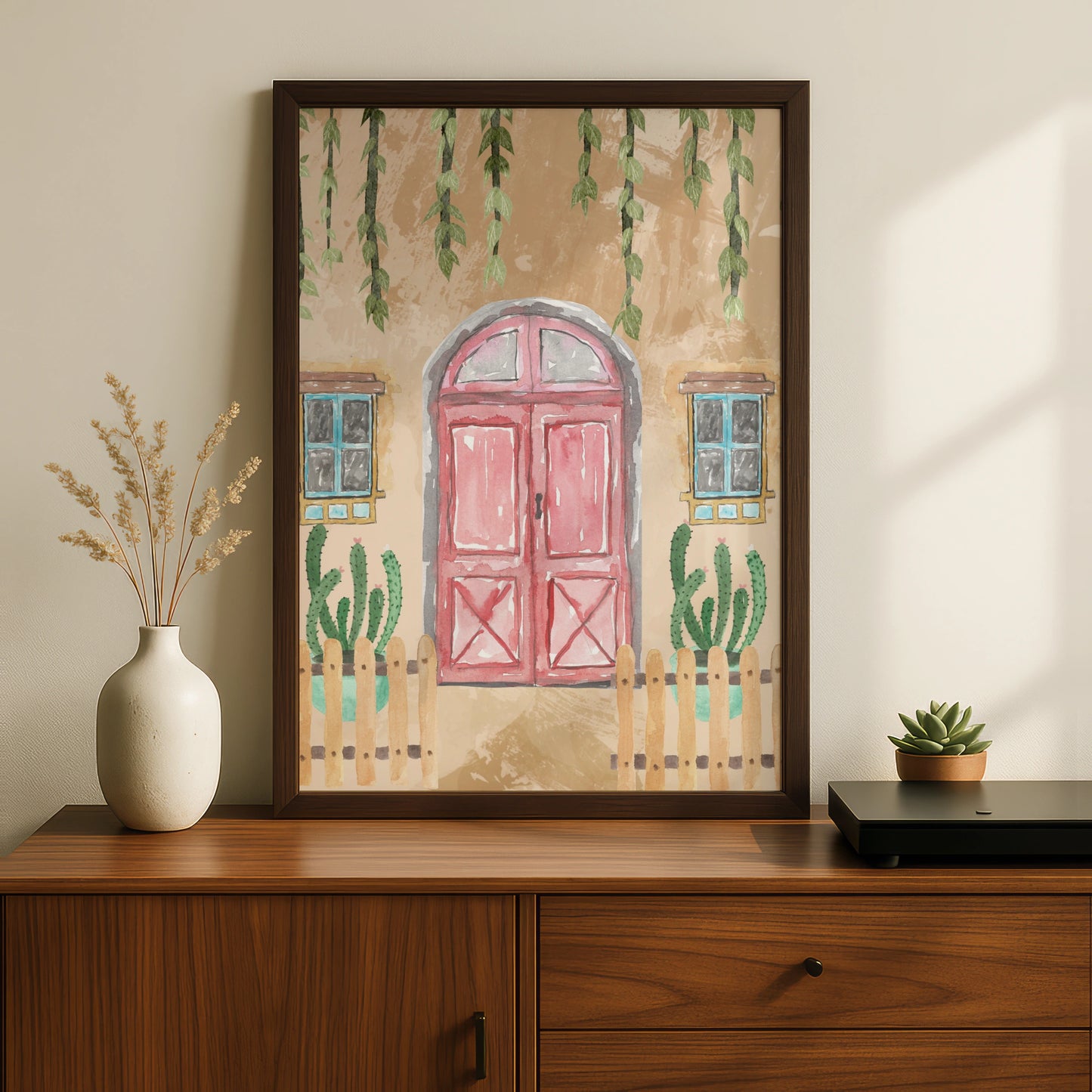 Maximalist Boho Door Poster, Watercolour Cactus Wall Art, Eclectic Terracotta Print, Botanical