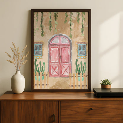 Maximalist Boho Door Poster, Watercolour Cactus Wall Art, Eclectic Terracotta Print, Botanical