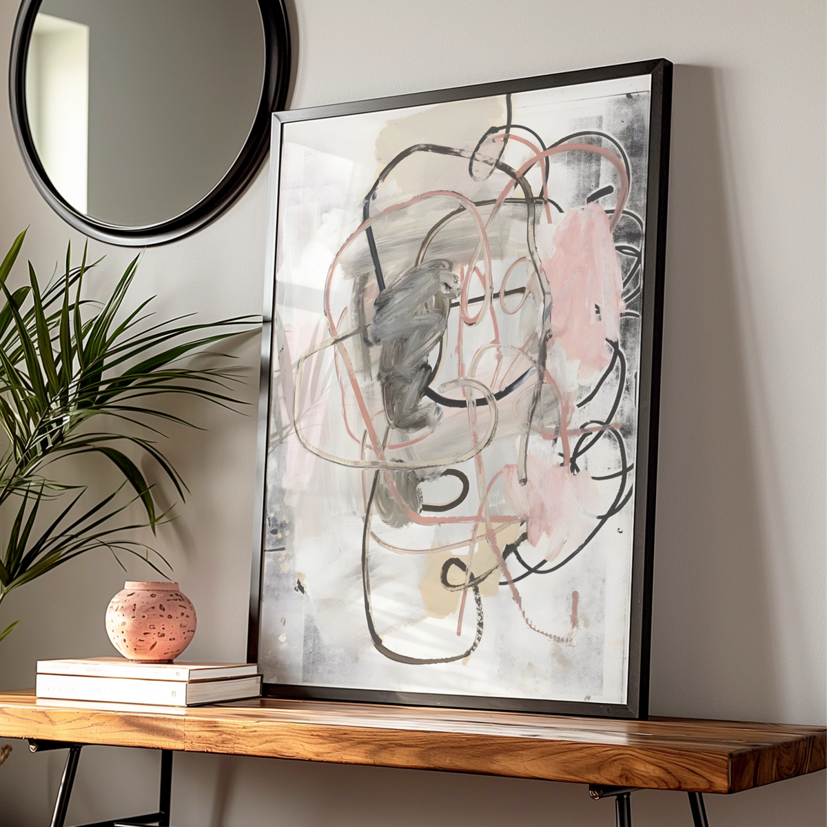 Abstract Line Art Print, Pink Grey Modern Wall Art, Contemporary Monochrome Poster, Gallery Wall
