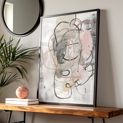 Abstract Line Art Print, Pink Grey Modern Wall Art, Contemporary Monochrome Poster, Gallery Wall