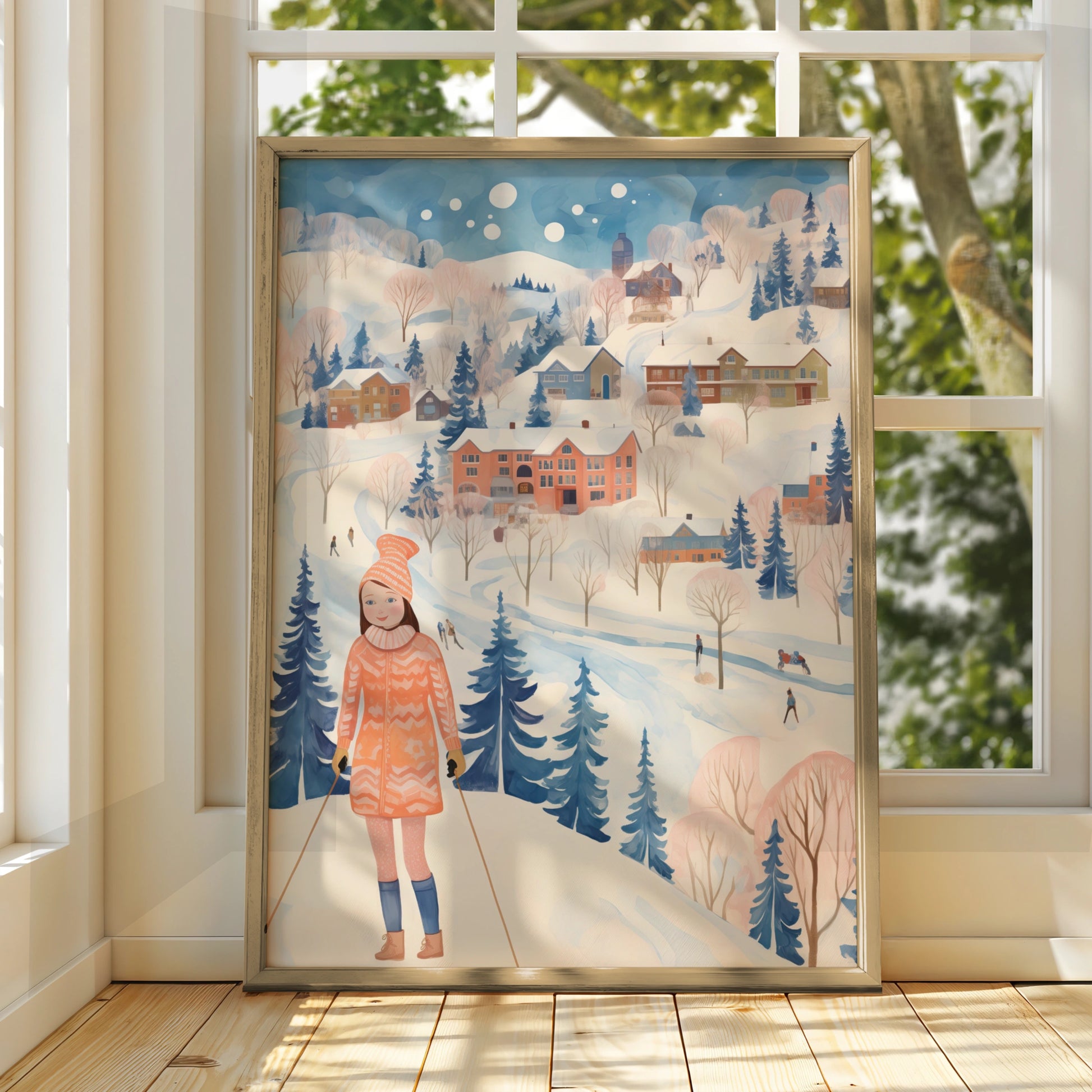 Christmas Winter Village Poster, Ski Girl Snow Scene, Festive Wall Art, Blue Pink Nordic Print