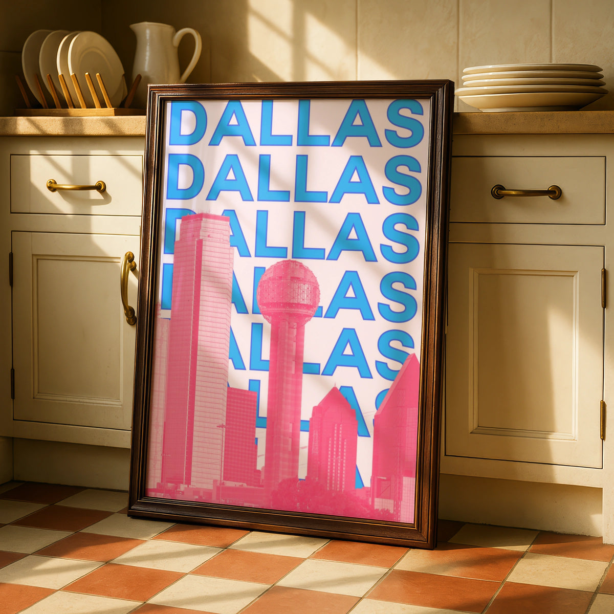 Dallas Travel Poster, Texas City Wall Art, Retro Skyline Print, Pink Blue Modern Decor