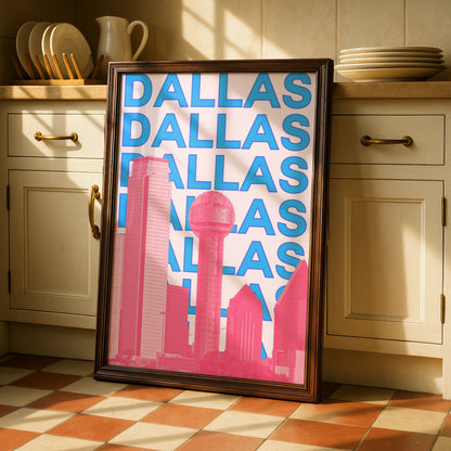Dallas Travel Poster, Texas City Wall Art, Retro Skyline Print, Pink Blue Modern Decor