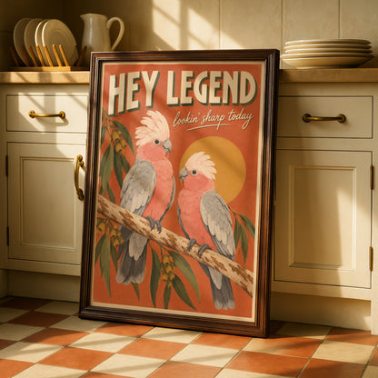 Galah Cockatoo Print, Hey Legend Australian Bird Poster, Retro Style Wall Art