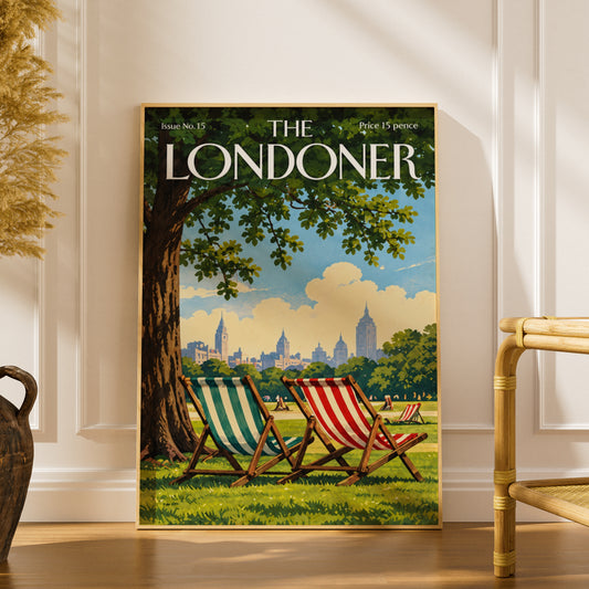 Vintage London Park Poster, Striped Deckchairs Wall Art, Retro Magazine Cover Print, Summer Decor