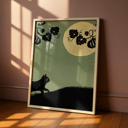 Halloween Black Cat Poster, Jack O Lantern Full Moon Wall Art, Spooky Pumpkin Print