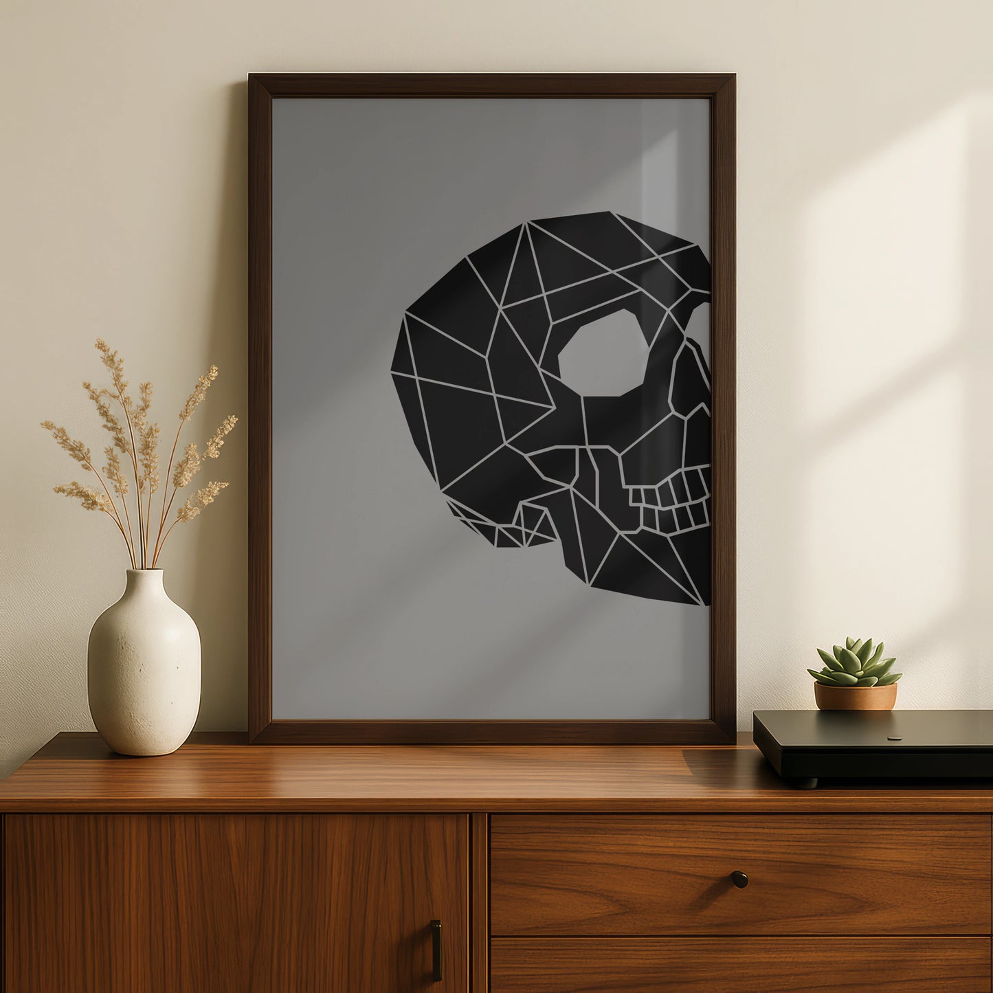 Geometric Skull Halloween Poster, Black Grey Minimalist Skull Wall Art Print