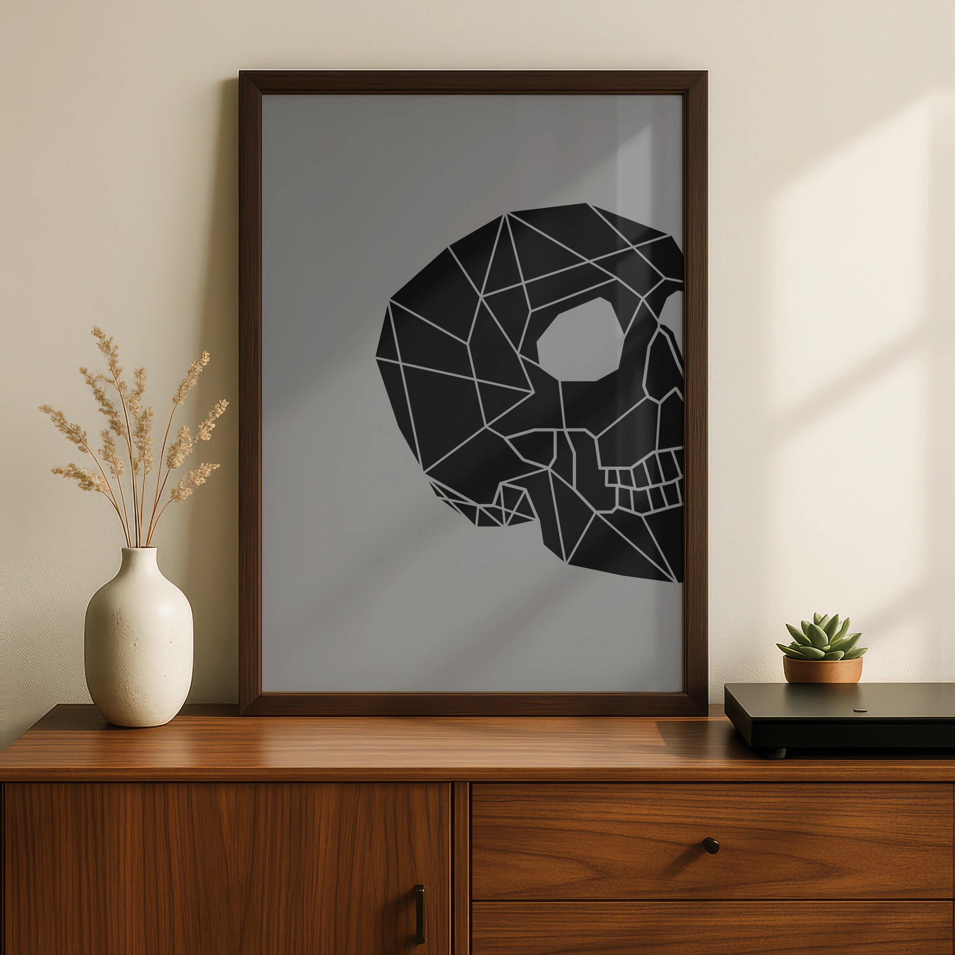 Geometric Skull Halloween Poster, Black Grey Minimalist Skull Wall Art Print