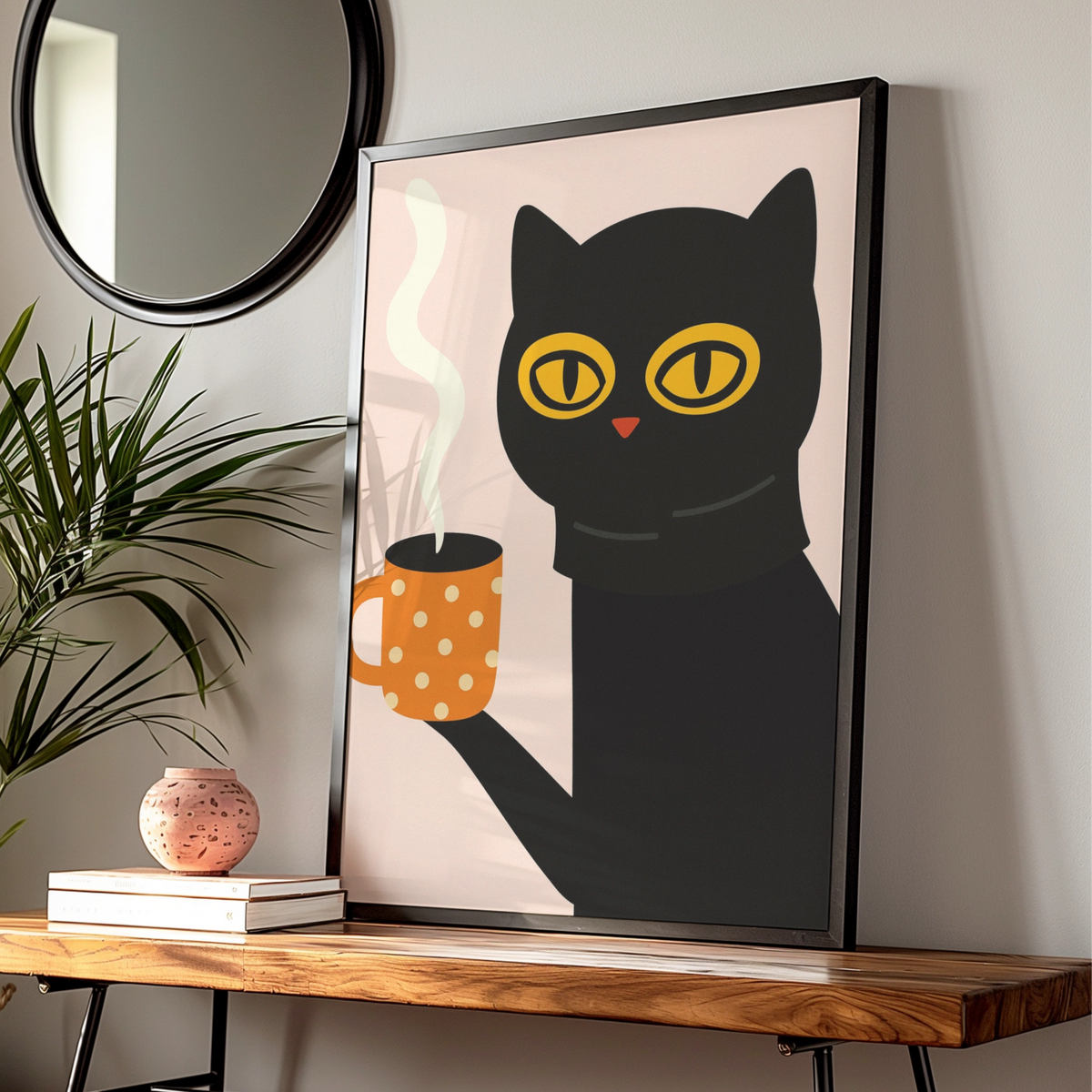 Black Cat Coffee Cartoon Poster, Funny Cat Wall Art, Quirky Kitchen Print