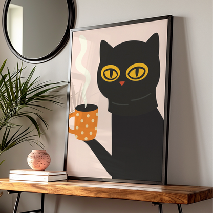Black Cat Coffee Cartoon Poster, Funny Cat Wall Art, Quirky Kitchen Print