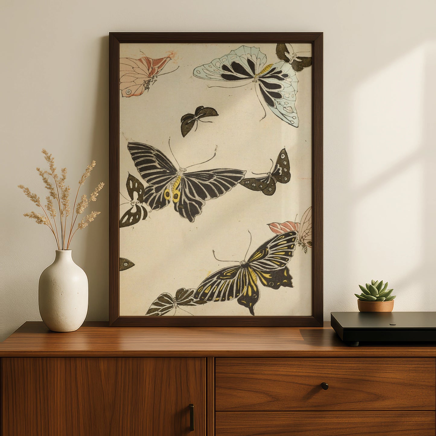 Japanese Butterfly Woodblock Wall Art, Vintage Bijutsukai 1901 Japandi Poster Print – A5 Black frame