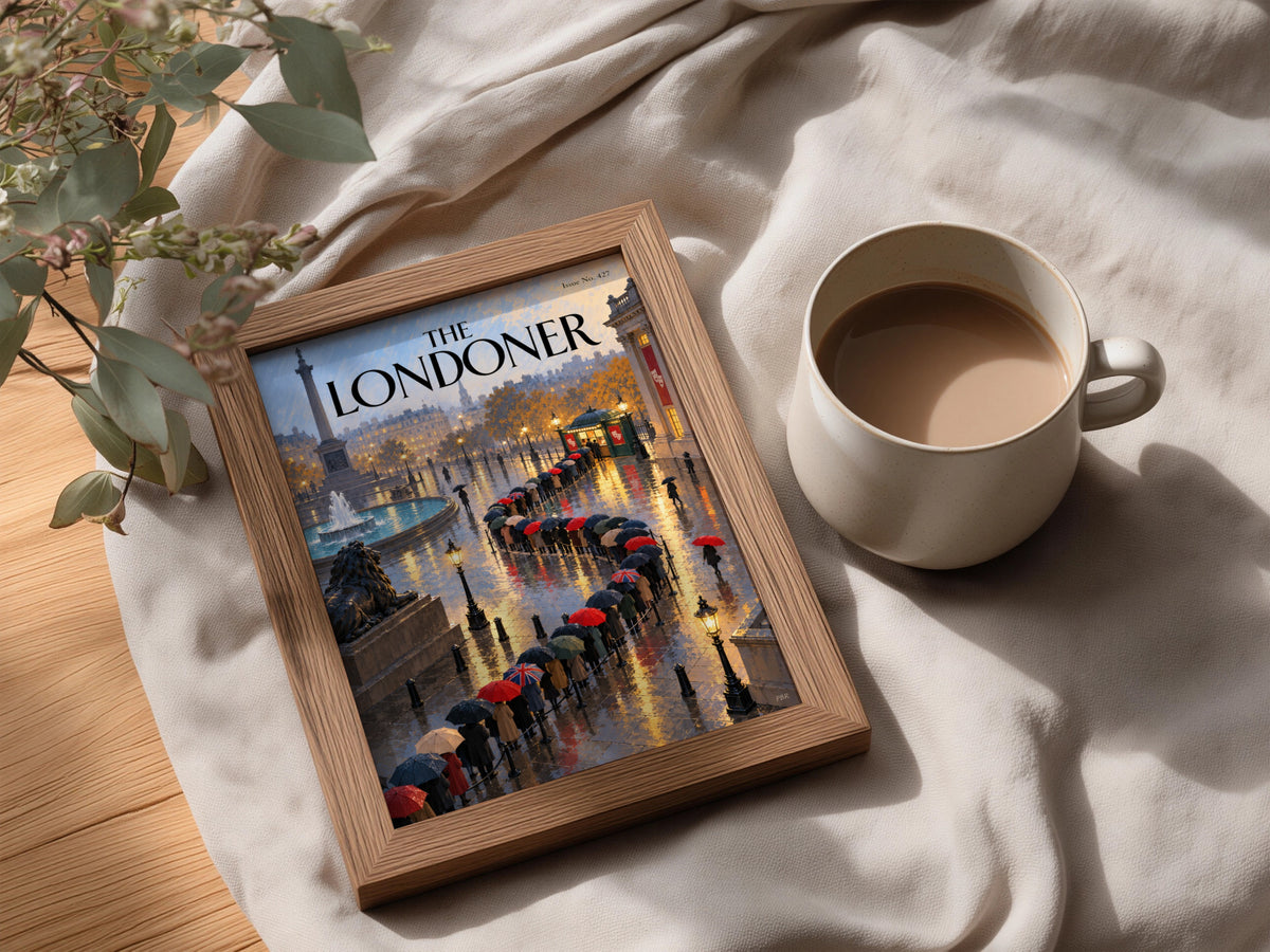 The Londoner Poster, London Wall Art, Trafalgar Square Rainy Evening Art Print, Magazine Cover Style