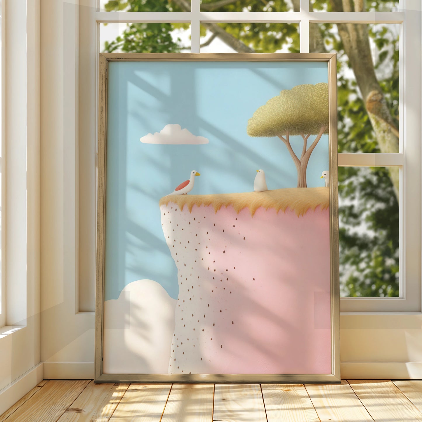 Nursery Wall Art Birds on Cliff Print, Pastel Blue Pink Children Poster, Kids Room Decor