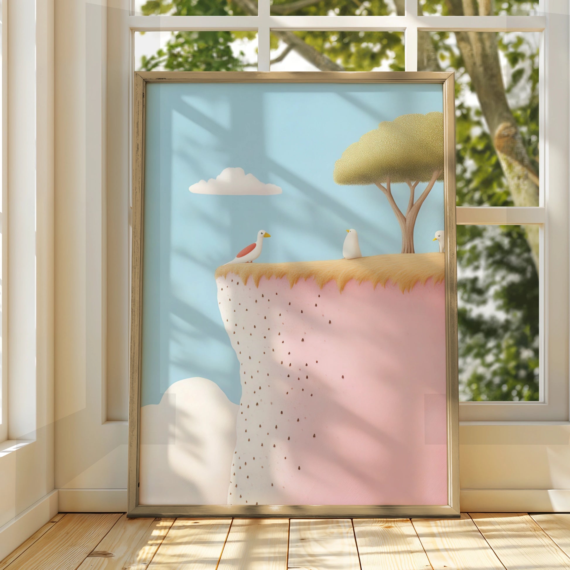 Nursery Wall Art Birds on Cliff Print, Pastel Blue Pink Children Poster, Kids Room Decor