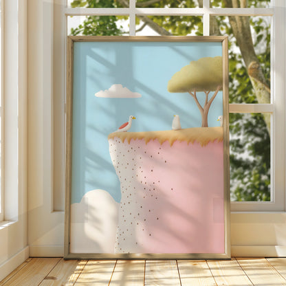 Nursery Wall Art Birds on Cliff Print, Pastel Blue Pink Children Poster, Kids Room Decor