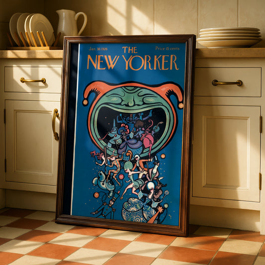 The New Yorker January 1926 Cover Poster, Vintage Jester Carnival Art Print, Blue Wall Art