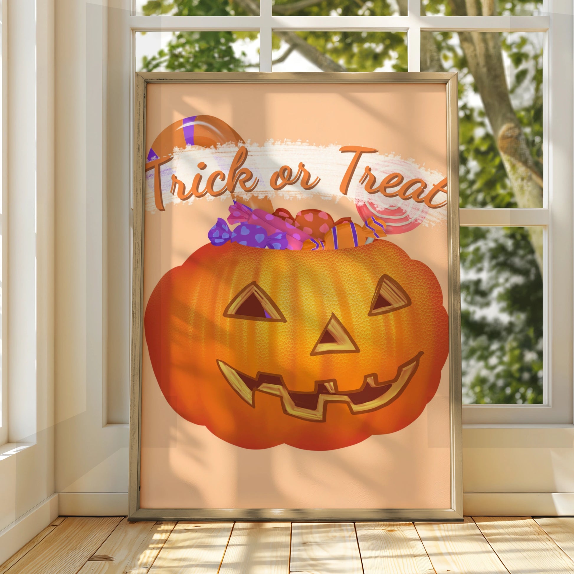 Trick or Treat Halloween Poster, Jack-o-Lantern Candy Print, Pumpkin Wall Art