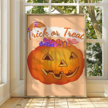 Trick or Treat Halloween Poster, Jack-o-Lantern Candy Print, Pumpkin Wall Art