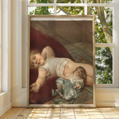 Sleeping Baby Victorian Art Print, Child With Doll Vintage Poster, Nursery Wall Art