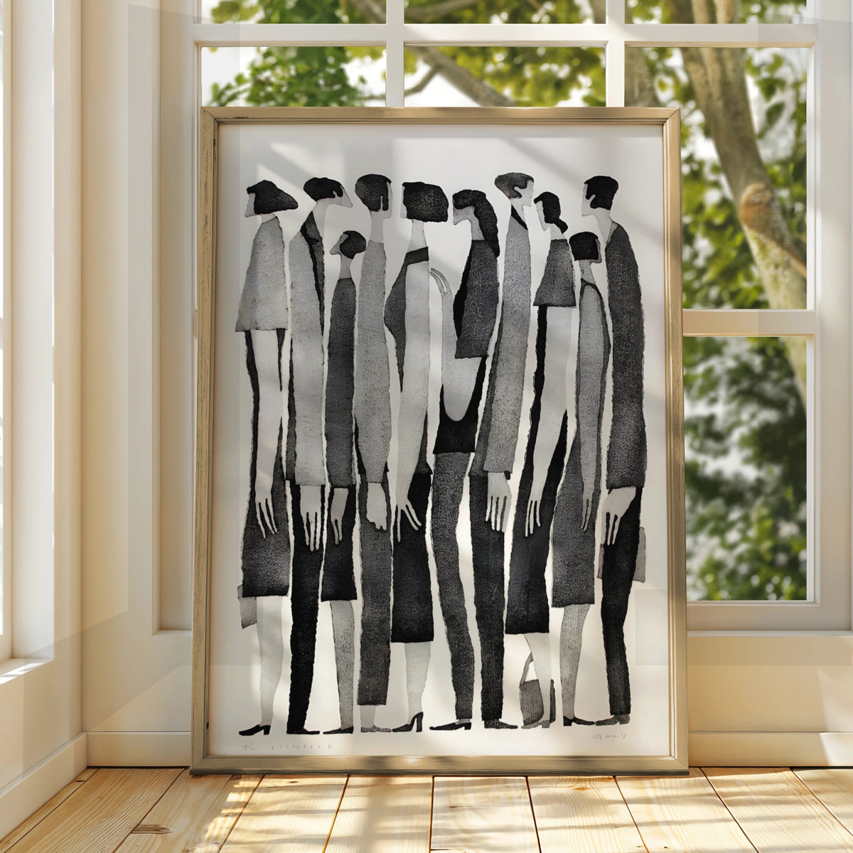 Monochrome Figures Poster, Abstract People Wall Art, Black and White Minimalist Print