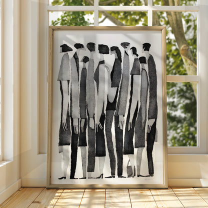 Monochrome Figures Poster, Abstract People Wall Art, Black and White Minimalist Print