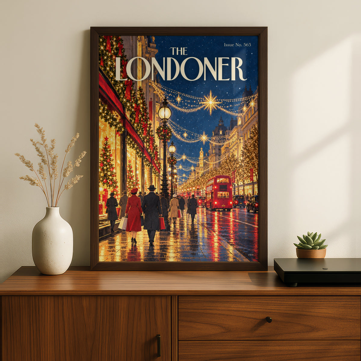 London Christmas Poster, Festive Street Wall Art, Red Double Decker Bus Print, Vintage Magazine