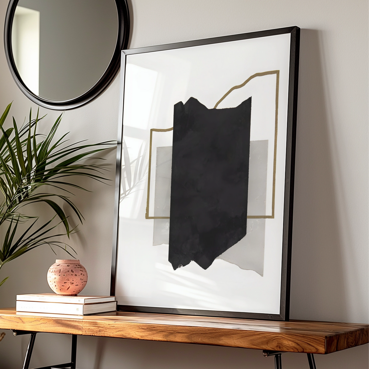 Abstract Black Ink Monochrome Wall Art, Gold Line Minimalist Print, Modern Neutral Poster — Digital Download