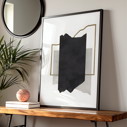 Abstract Black Ink Monochrome Wall Art, Gold Line Minimalist Print, Modern Neutral Poster — Digital Download