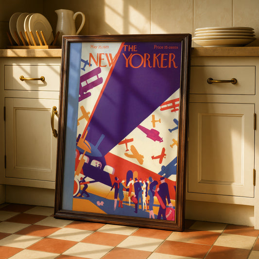 New Yorker 1929 Aviation Poster, Art Deco Biplane Cover, Vintage Aeroplane Wall Art Print