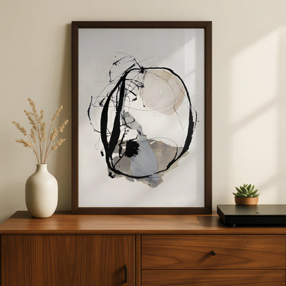 Modern Monochrome Abstract Print, Black White Ink Circle Art, Minimalist Wall Decor Poster