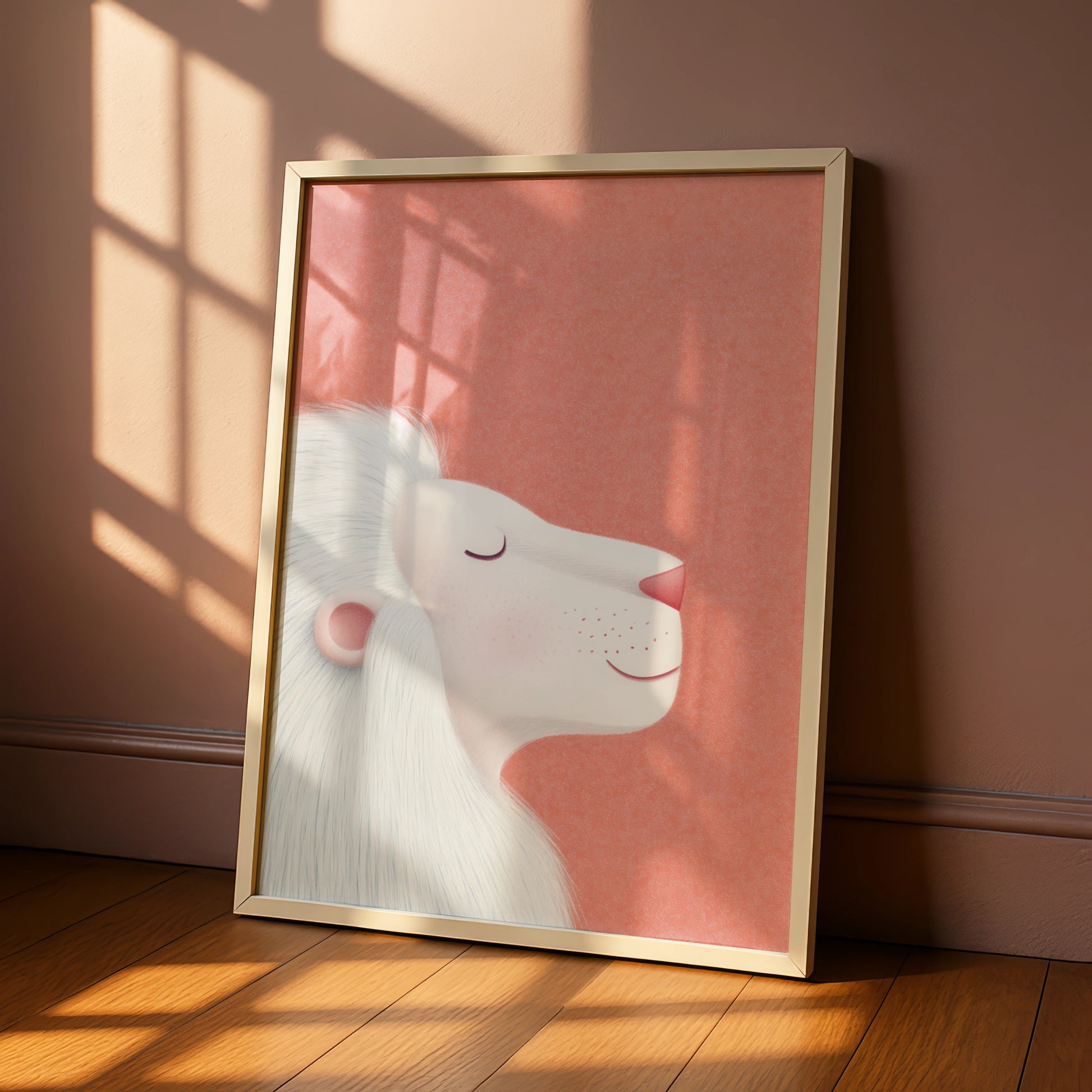 White Lion Nursery Wall Art, Coral Pink Baby Room Poster, Kids Animal Print, Cute Lion