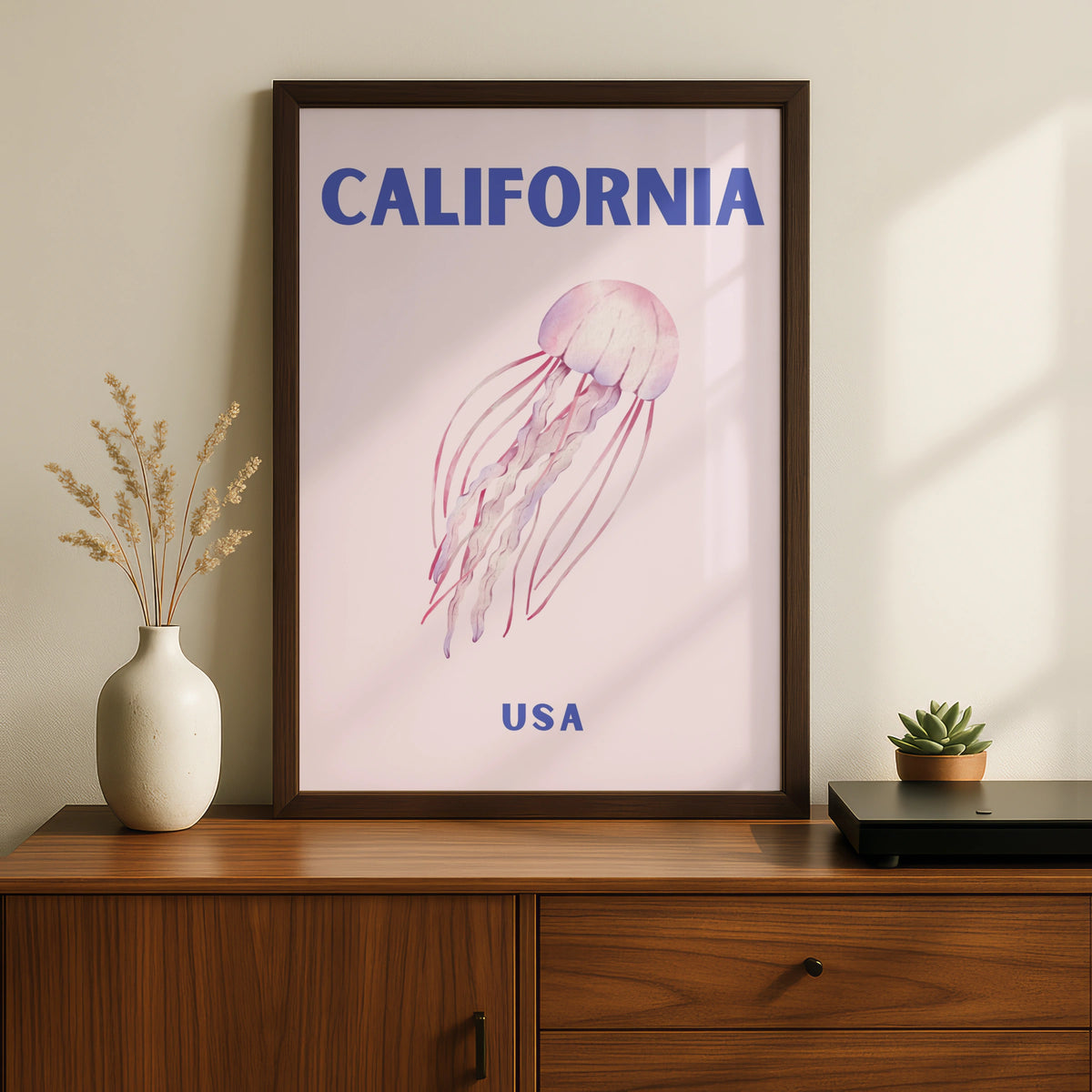California Travel Poster USA, Jellyfish Wall Art, Retro Ocean Print, Coastal Pink Decor
