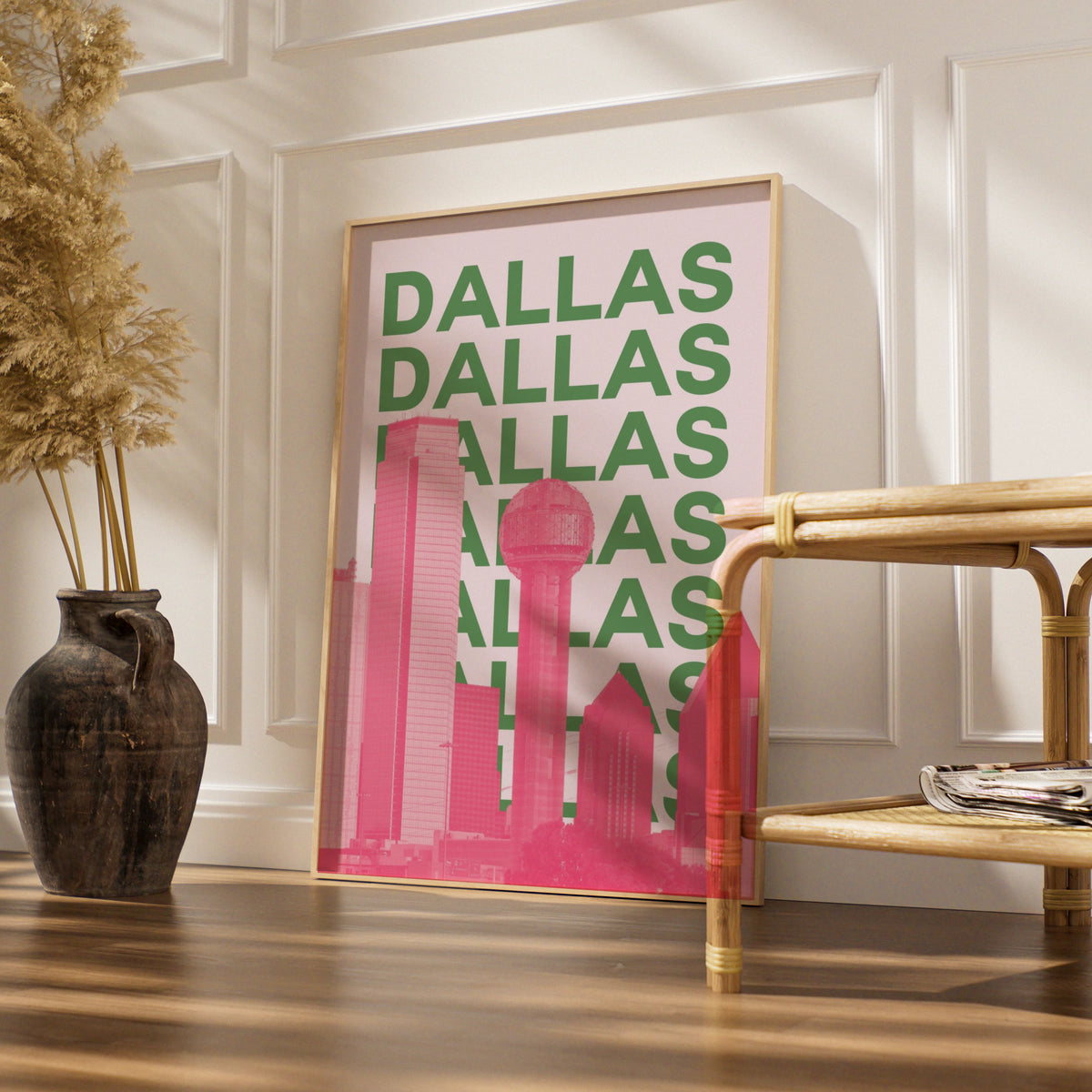 Dallas Travel Poster Texas Skyline Wall Art, Retro City Print, Pink Green Decor