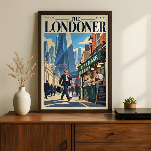 London Poster, Vintage Magazine Cover Wall Art, City Skyline Pie and Mash Art Print, Living Room