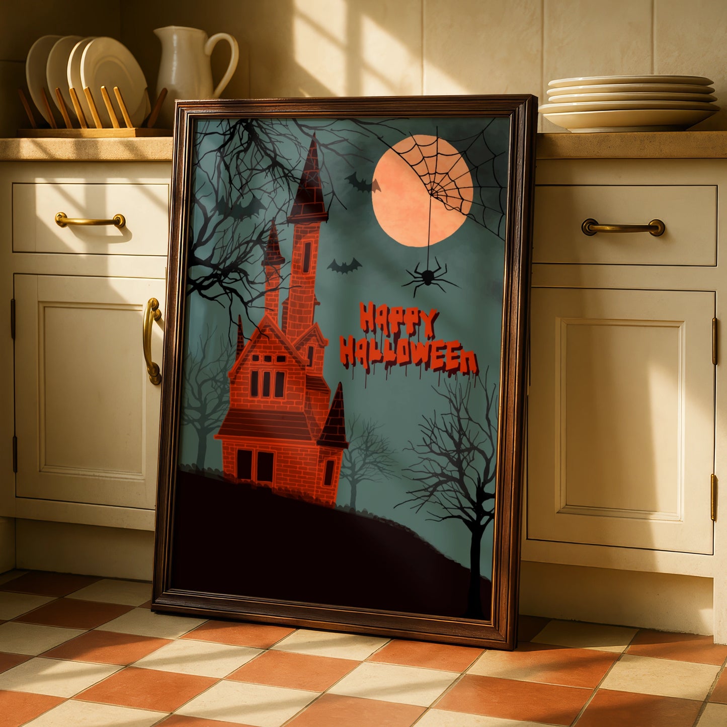 Happy Halloween Haunted House Poster, Spooky Castle Wall Art, Bats Full Moon Print