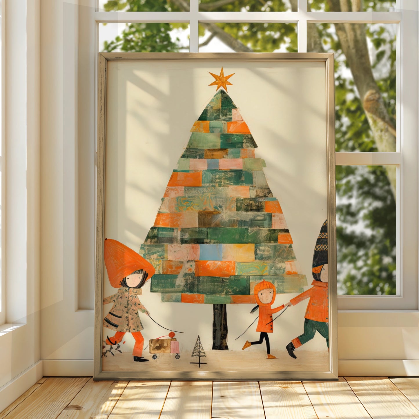 Christmas Tree Poster, Colourful Collage Kids Festive Wall Art, Retro Xmas Print