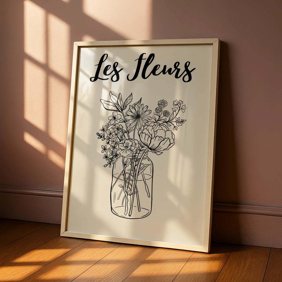 Les Fleurs Botanical Flower Poster, Wildflower Bouquet Wall Art, French Floral Print, Beige