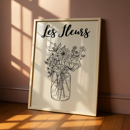 Les Fleurs Botanical Flower Poster, Wildflower Bouquet Wall Art, French Floral Print, Beige