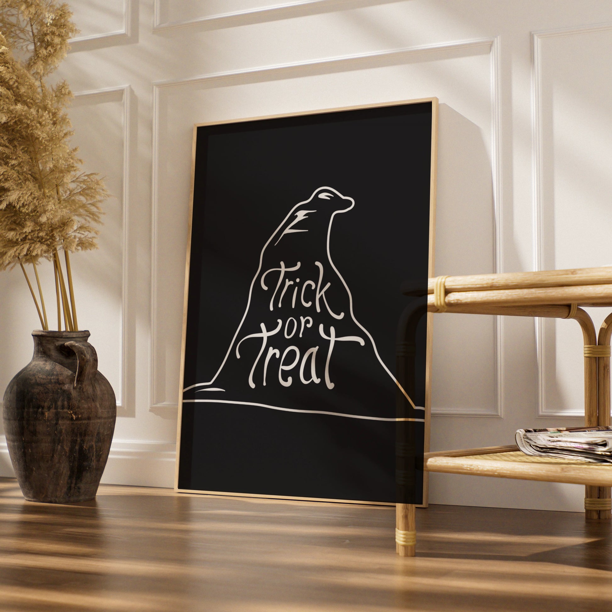 Halloween Trick or Treat Poster, Black Cat Line Art, Spooky Wall Art Print