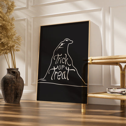 Halloween Trick or Treat Poster, Black Cat Line Art, Spooky Wall Art Print