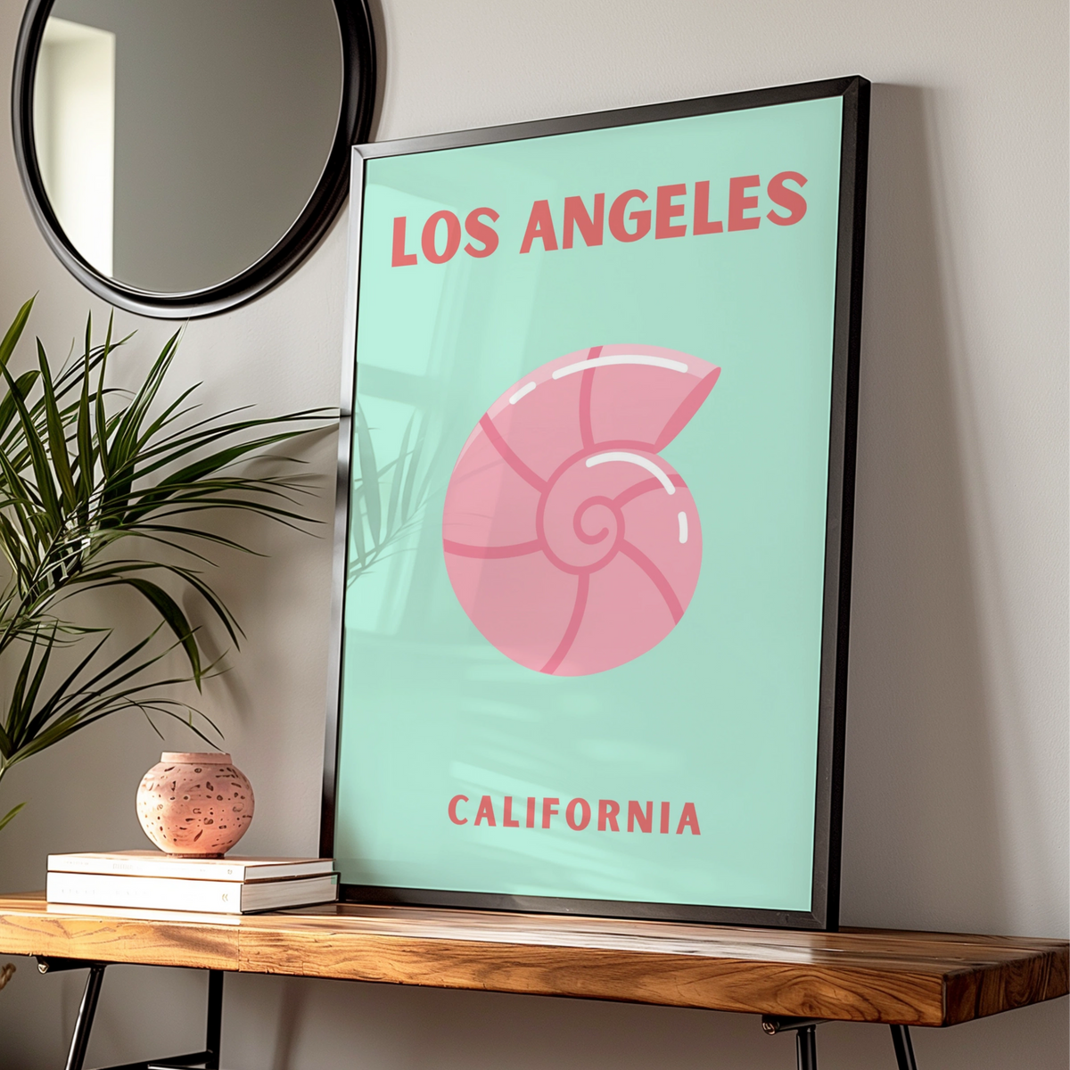 Los Angeles California Travel Poster, Retro Shell Wall Art, Mint Pink Coastal Print
