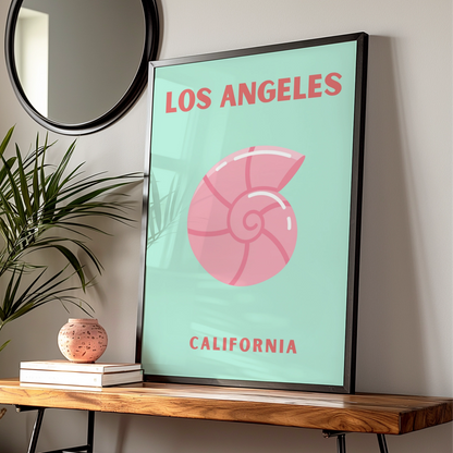 Los Angeles California Travel Poster, Retro Shell Wall Art, Mint Pink Coastal Print