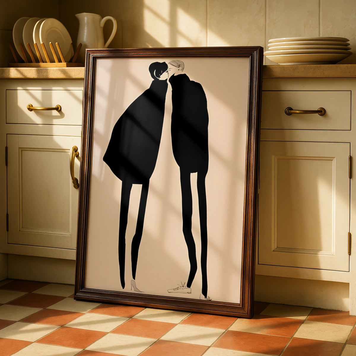 Kissing Couple Silhouette Print, Monochrome Wall Art, Minimalist Romantic Poster, Modern Neutral