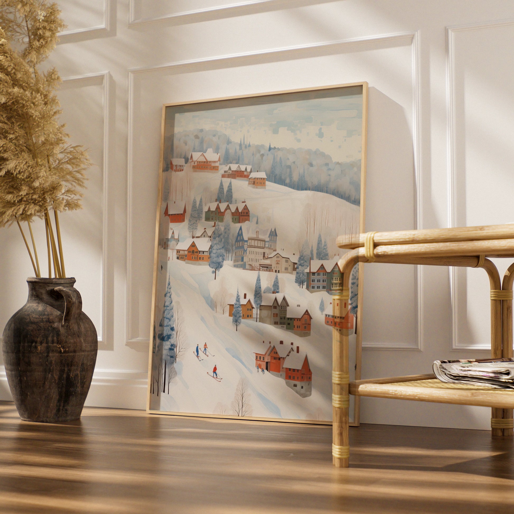 Christmas Winter Village Poster, Snowy Ski Scene Wall Art, Festive Holiday Print, Cosy Xmas Decor